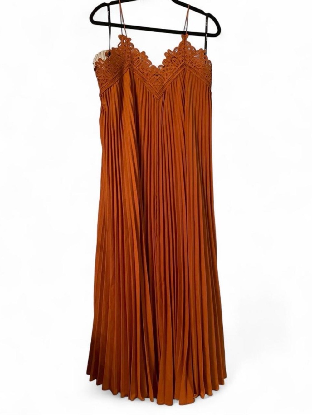 Self-Portrait Rust Lace-Trim Pleated Maxi Dress